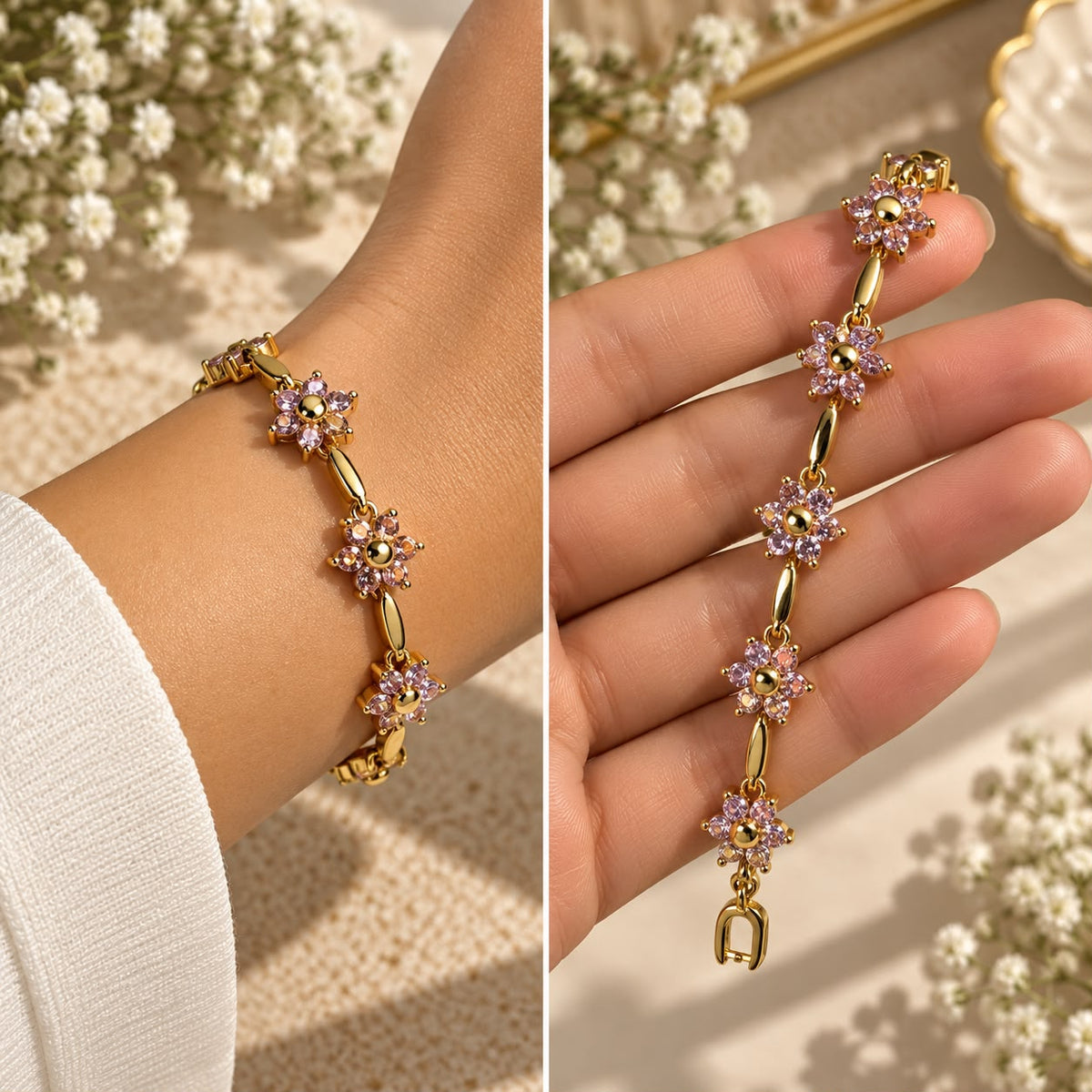 Gold Pink Crystal Flower Bracelet for Women