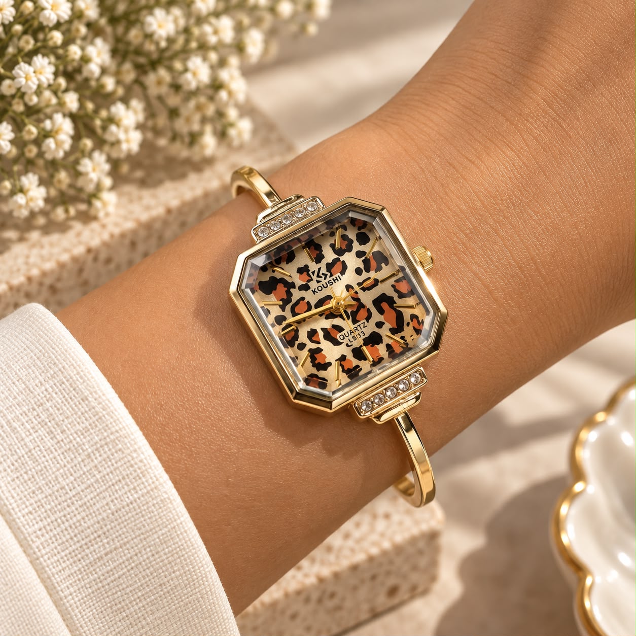 Gold Leopard Print Square Dial Bracelet Watch for Women