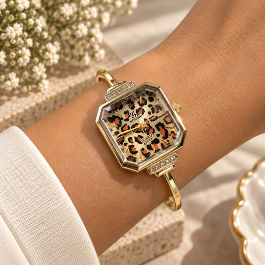 Gold Leopard Print Square Dial Bracelet Watch for Women