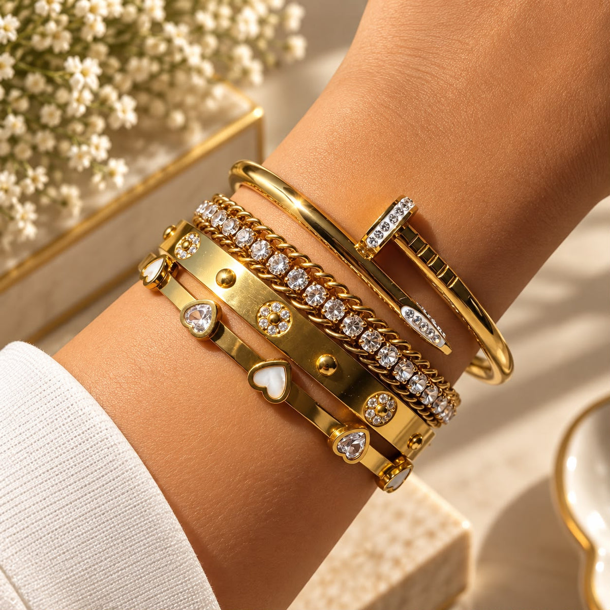 Gold Charm & Crystal Stackable Bracelet Set