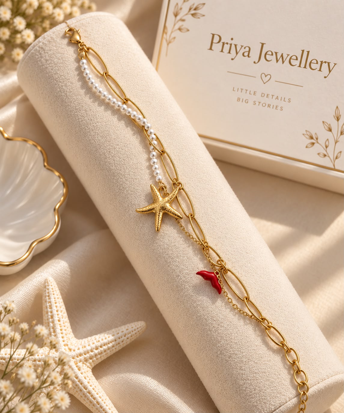 Gold Pearl Starfish Charm Bracelet for Women
