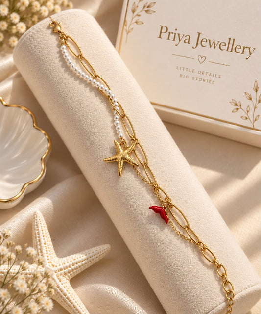 Gold Pearl Starfish Charm Bracelet for Women