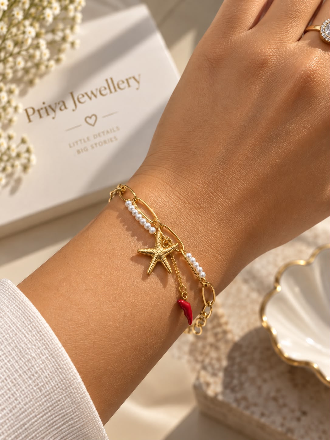 Gold Pearl Starfish Charm Bracelet for Women