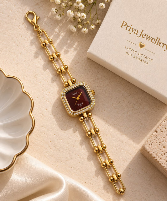 Gold Chain Bracelet Watch with Red Square Dial for Women