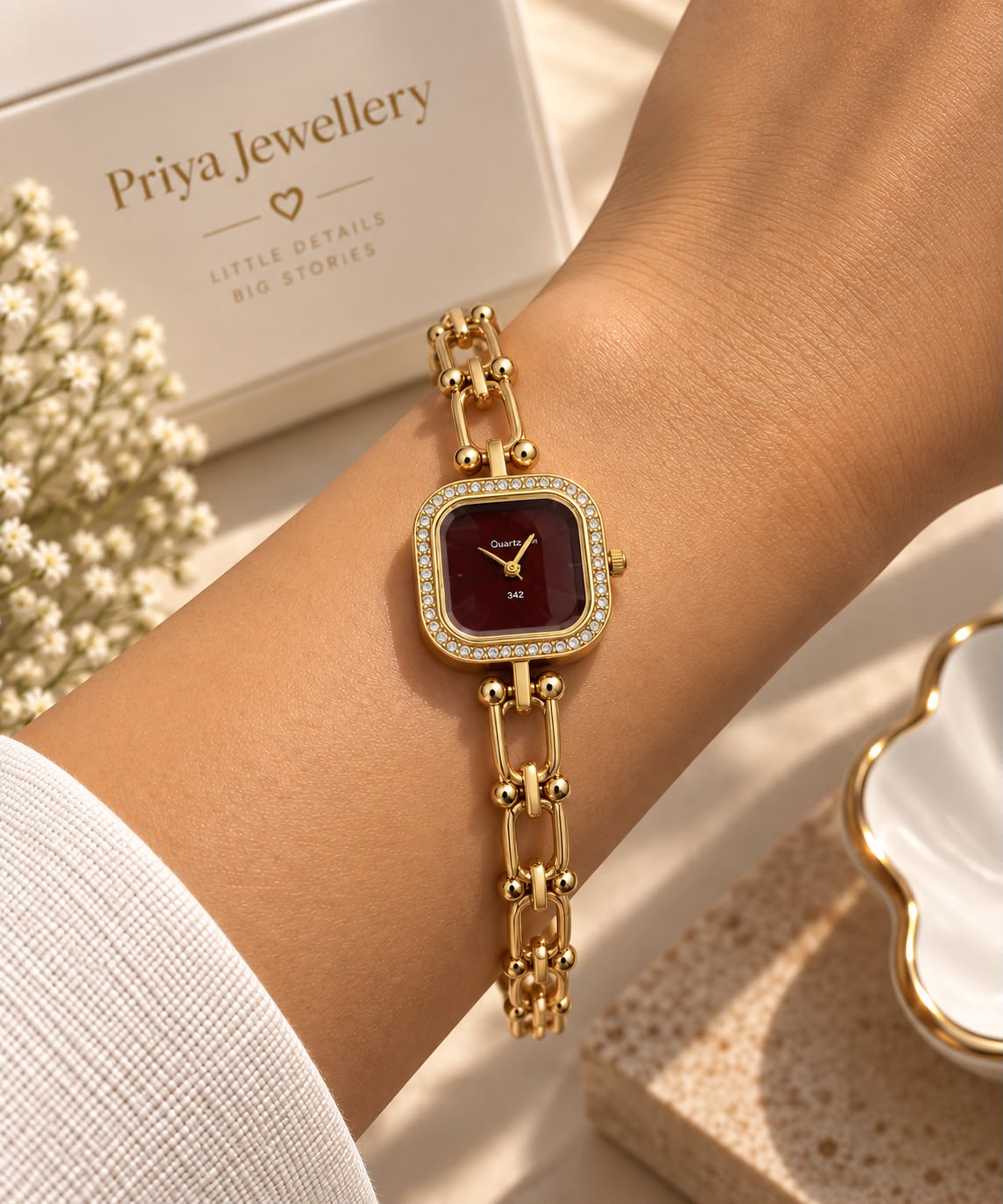 Gold Chain Bracelet Watch with Red Square Dial for Women