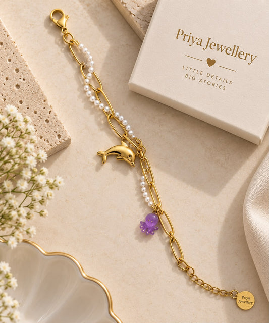 Gold Pearl Dolphin Charm Bracelet for Women