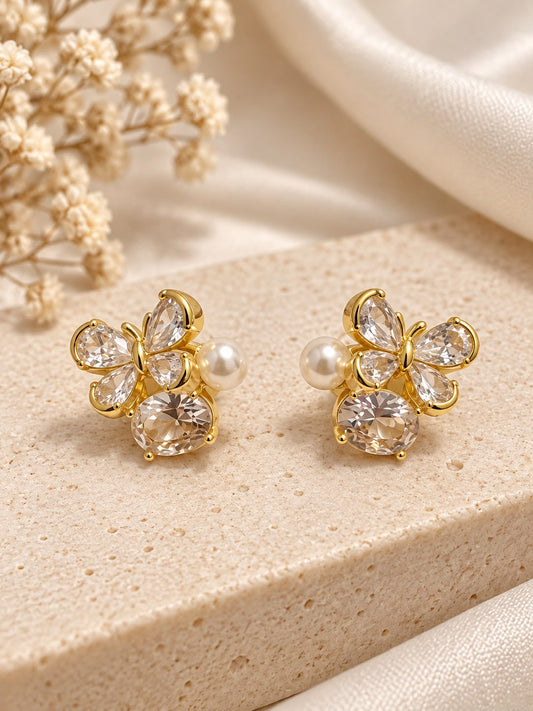 Floral Crystal Pearl Stud Earrings