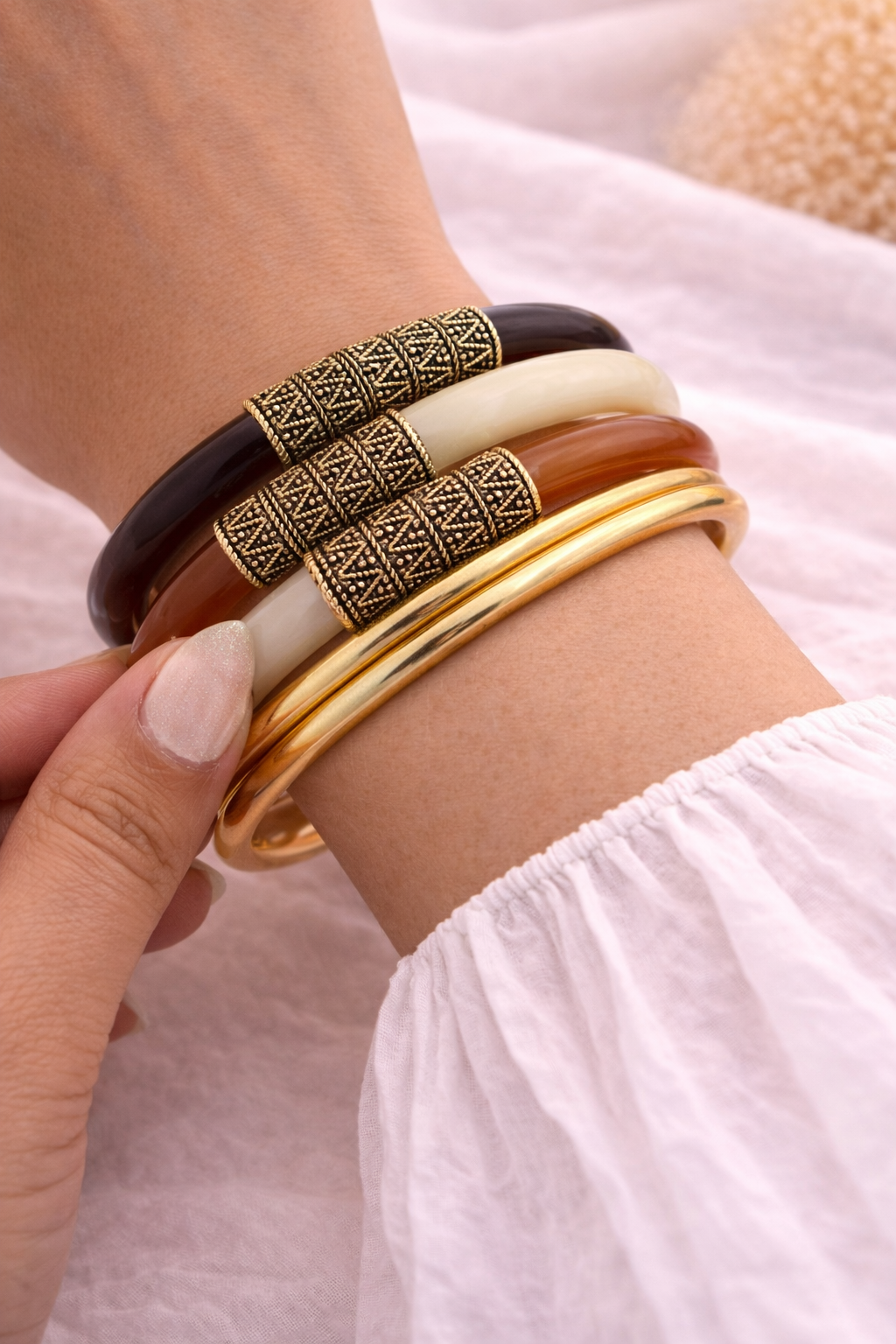 Antique Gold Bangle Stack (Set of 5) – Ethnic Resin & Metal Bangles for Women | Size 2.8