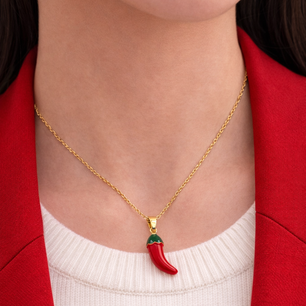 Person wearing a gold necklace with a red chili pepper pendant against a red background