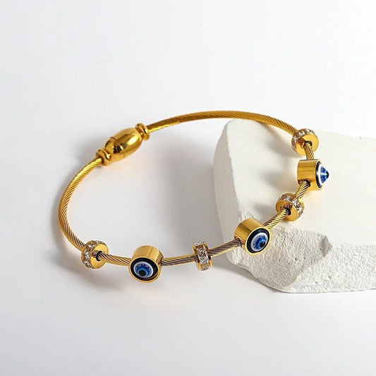 Gold-Plated Evil Eye Bracelet for Women | Anti-Tarnish Blue Eye Charm Bracelet with Crystal Spacers |