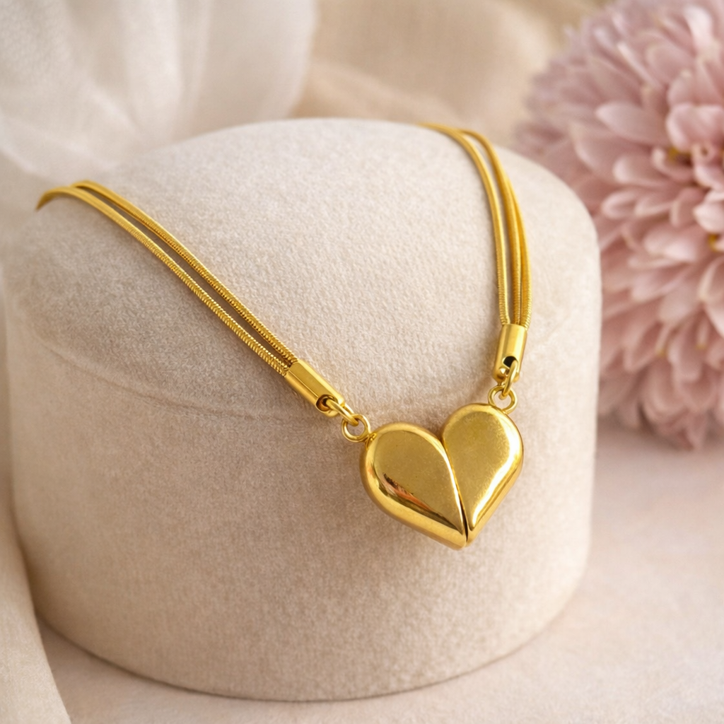 Gold heart-shaped necklace on a beige cushion with a pink flower in the background