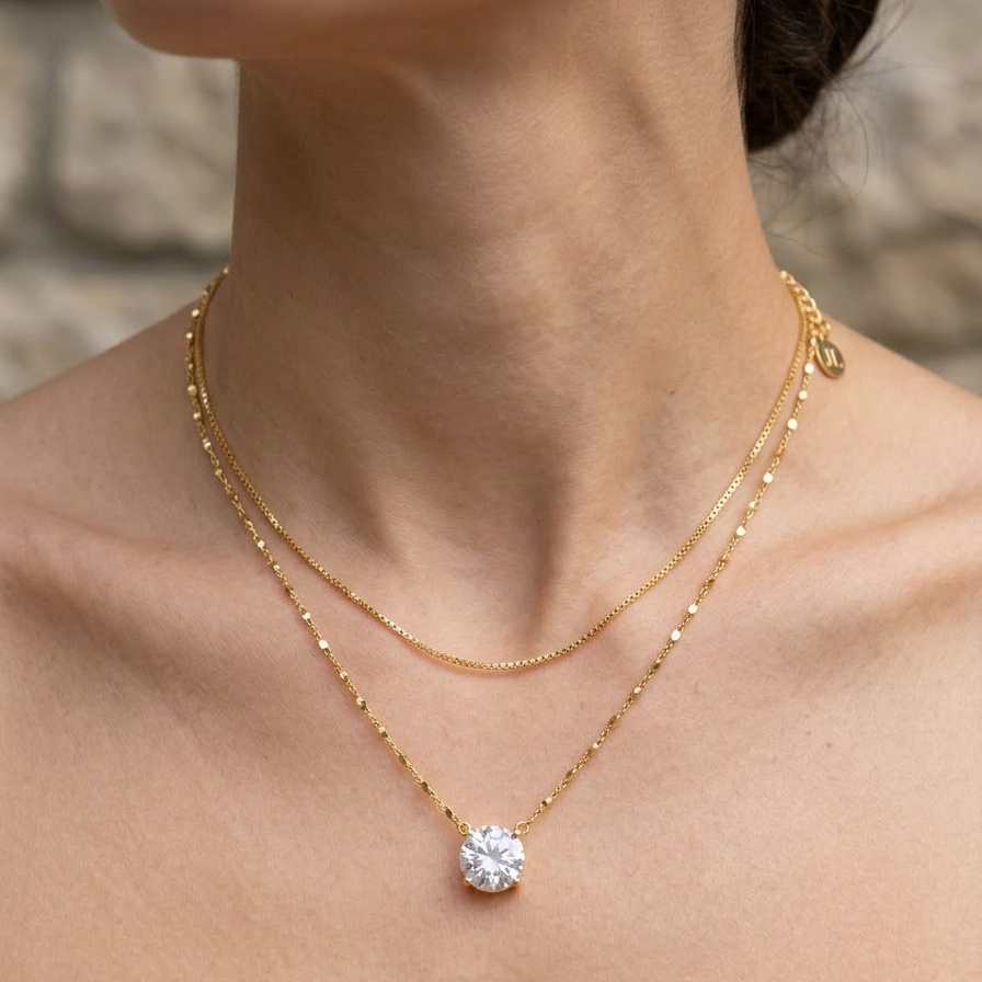 Gold necklace with a diamond pendant on a person against a stone wall background